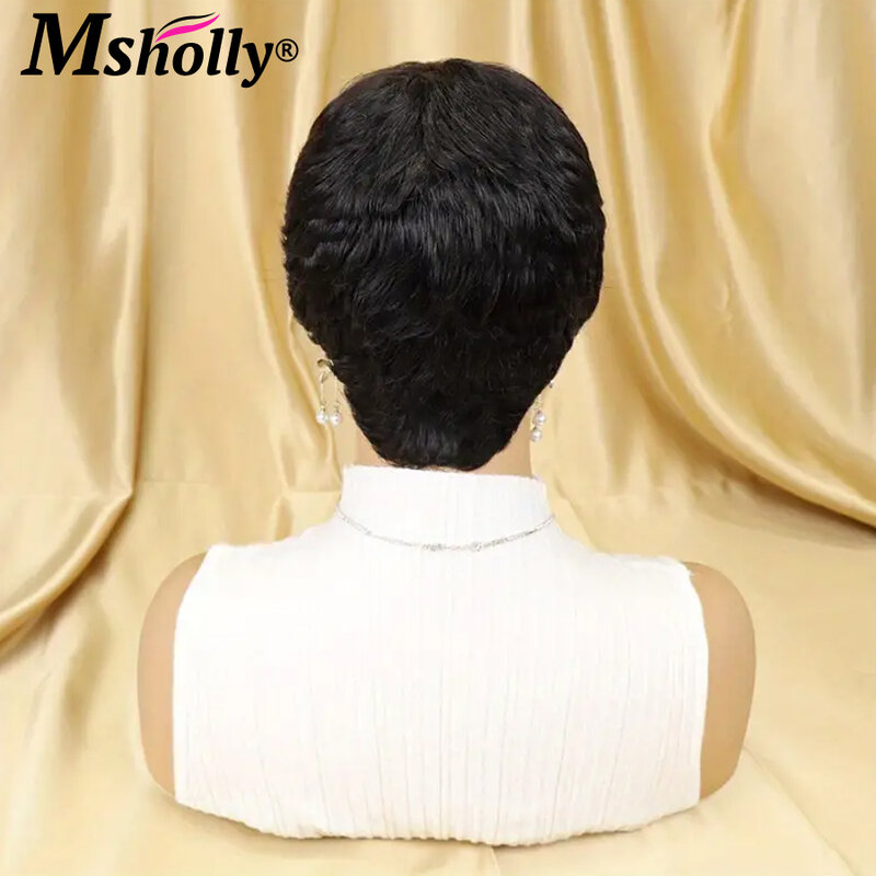 Peluca de corte Pixie con flequillo para mujer, cabello humano ondulado en capas, hecha a máquina, sin pegamento, Remy brasileño