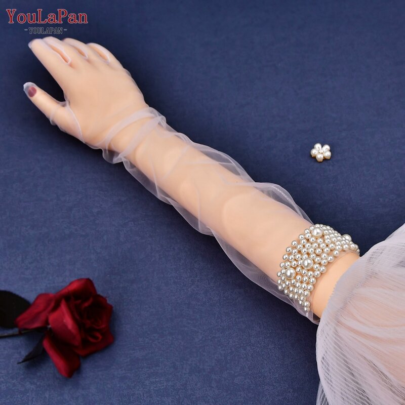 Youlpan sarung tangan pengantin mutiara VM01-A 1 pasang sarung tangan pernikahan Tulle panjang transparan di atas siku DIY kain Tule pesta lajang