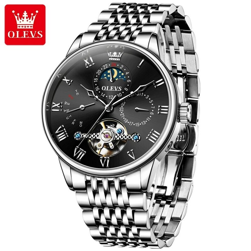OLEVS Brand New Luxury Tourbillon Mechanical Watch for Men Stainless Steel Waterproof Automatic Moon Phases Wristwatches Mens