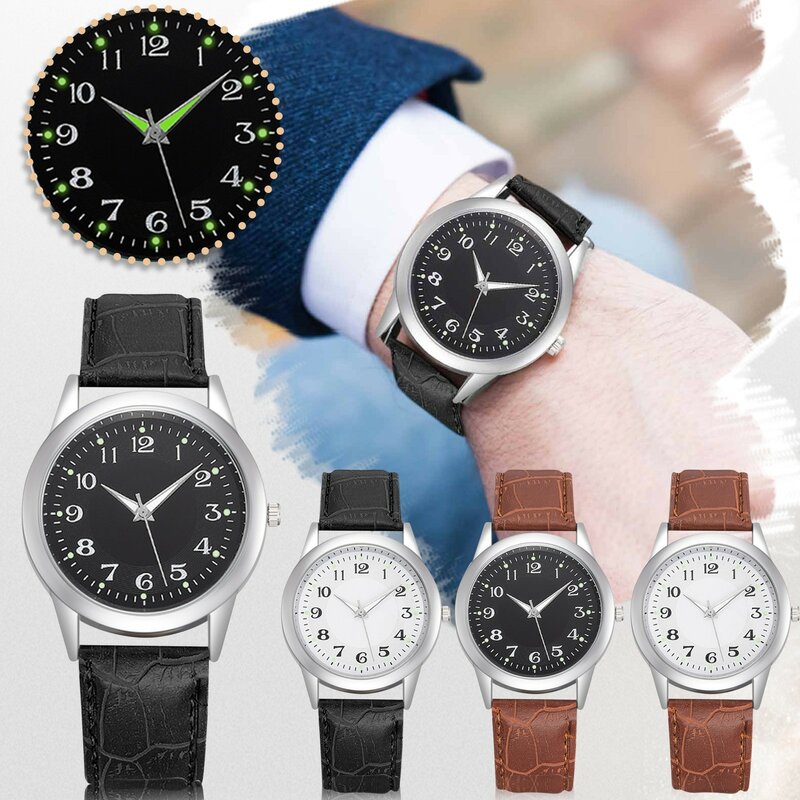 Jam tangan pria kasual modis jam tangan Quartz Dial Digital bulat sederhana untuk pria gelang kulit bercahaya Kol Saati Erkek
