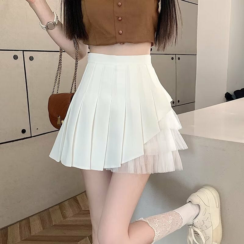 Frau Mesh Patchwork Mode Plissee Minirock hohe Taille Sommer weibliche Kawaii Micro Girls kurze Streetwear Student Röcke Q872