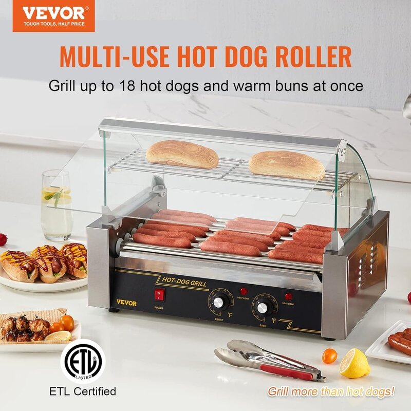 Máquina de fogão de salsicha inoxidável com controle duplo Temp Glass Hood, Hot Dog Roller, 7 Rollers, 18 Hot Dogs Capacidade, 1050W