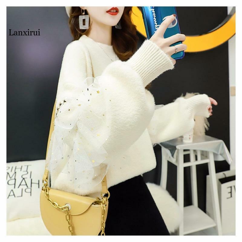 Suéter de lana de visón de imitación para mujer, suéter suelto coreano de malla de viento, empalme, ropa de calle, tendencia 2022