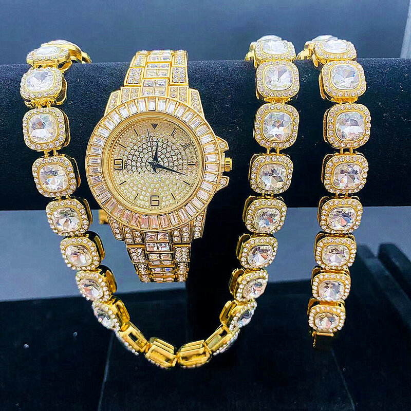 3 Buah Hip Hop Es Keluar Kuba Kalung Pria 12MM Tenis Rantai Perhiasan Setelan Warna Perak Berlian Imitasi CZ Jam Tangan untuk Pria Rapper Hadiah