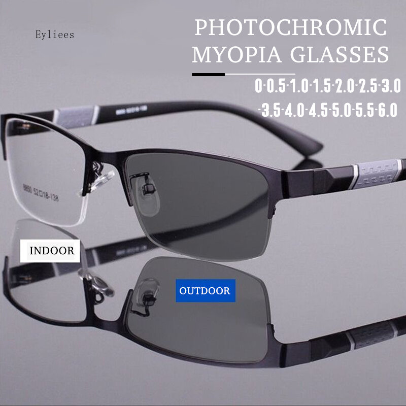 Lunettes de myopie photochromiques vintage pour hommes, demi-monture en métal, lunettes bloquant la lumière bleue, lunettes de soleil UV classiques, lunettes d'affaires