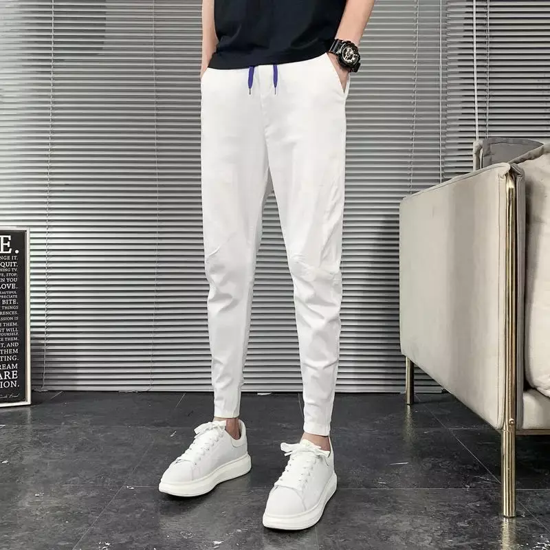 Korean Fashion Slim Fit Casual Pants Men Leggings New Summer High Waist Drawstring Pocket Solid Color Black Trouser Male Clothes