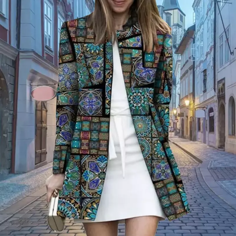 Casaco retrô de ponto aberto grosso, casaco clássico, padrão estilo étnico, vestuário à prova de vento, outono e primavera