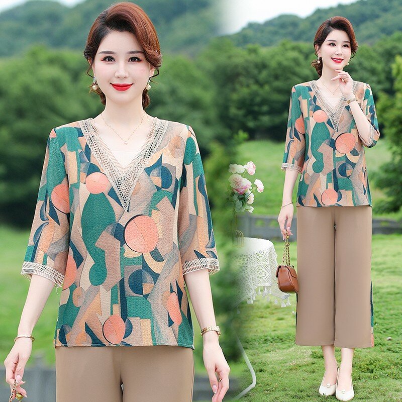 Women Suits Stylish Comfortable 2pcs/set Printing V Neck Suits for Middle-aged Casual with Minimalistic Charm Elderly Women Suit