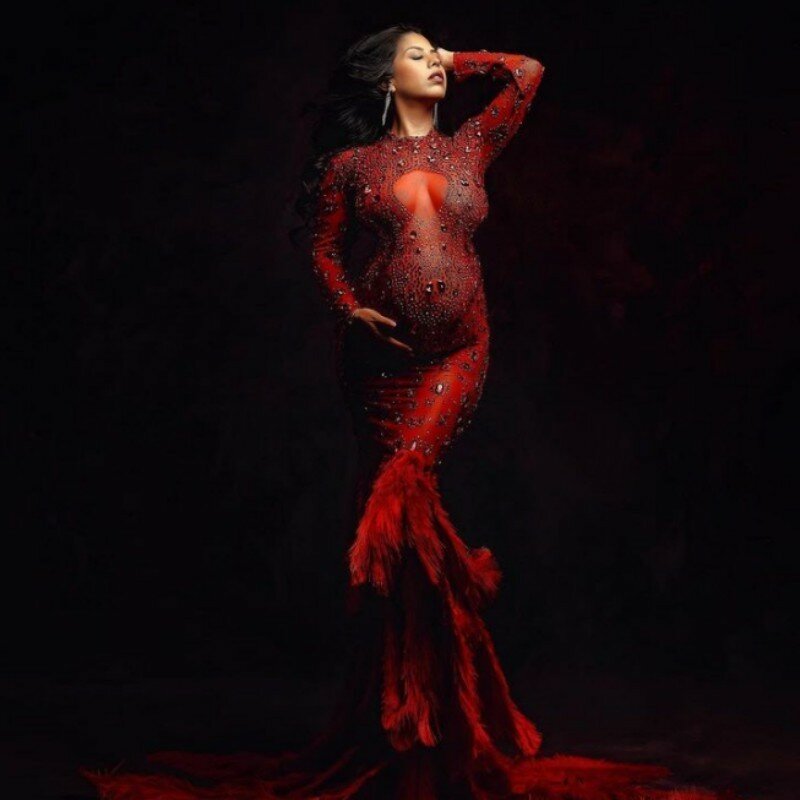 Rhinestone fotografia ciążowa sukienka błyszcząca diamentowa sukienka z piór macierzyństwo Baby Shower Robe suknia ślubna sesja zdjęciowa