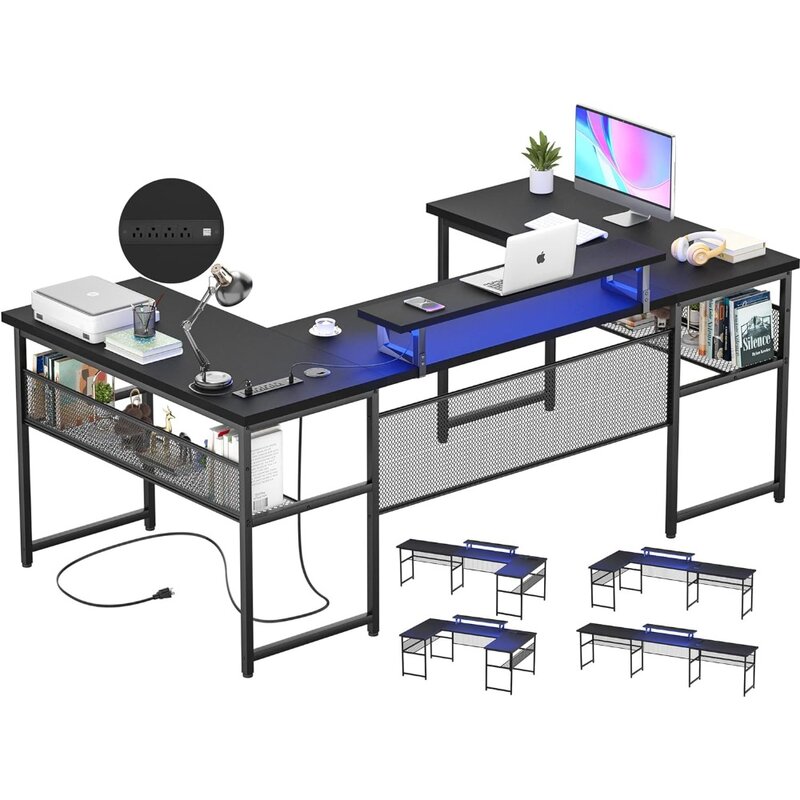 Escritorio de ordenador en forma de U con toma de corriente y tira LED, escritorio de oficina Reversible en forma de L con soporte para Monitor y estantes de almacenamiento