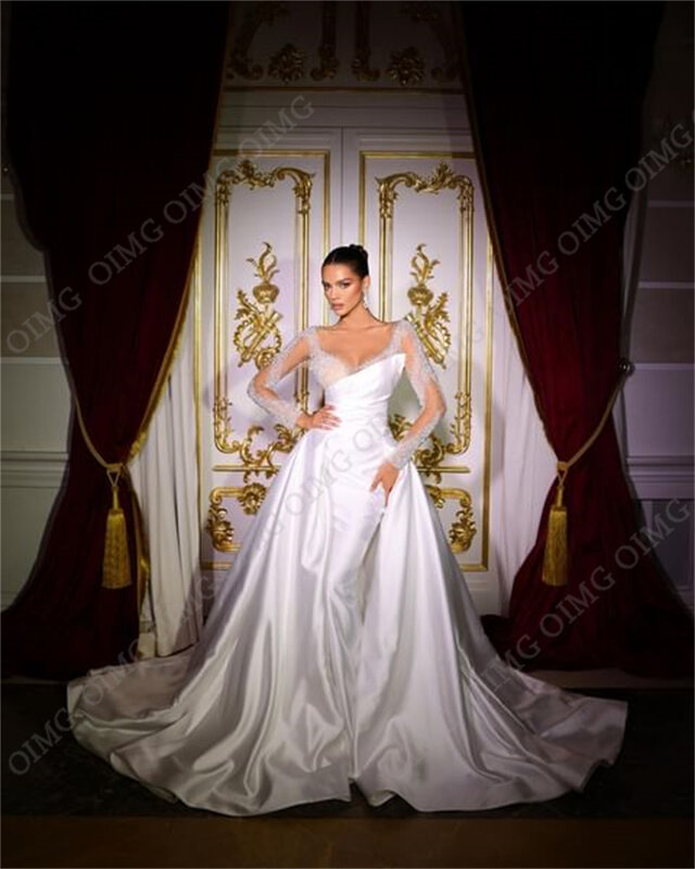 OIMG Queen maniche lunghe in pizzo abiti da sposa in raso abiti paillettes in raso una linea Pricness formale abito da sposa da sposa