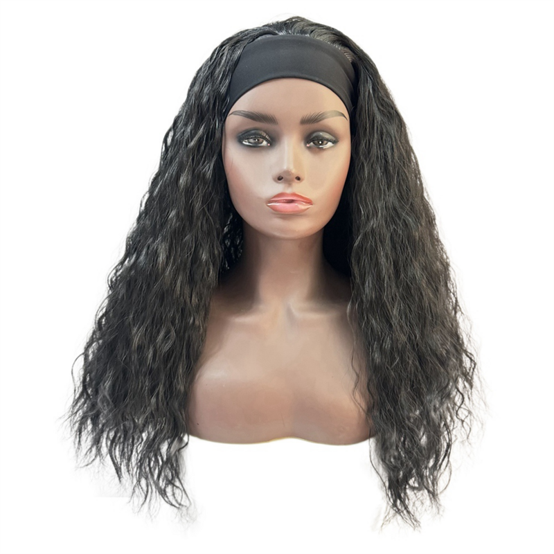 Peluca negra de banda de pelo de hielo de 22 pulgadas para mujer, cabello largo y rizado, conjunto de cabeza completa, peluca de cabello de fibra química superior completa