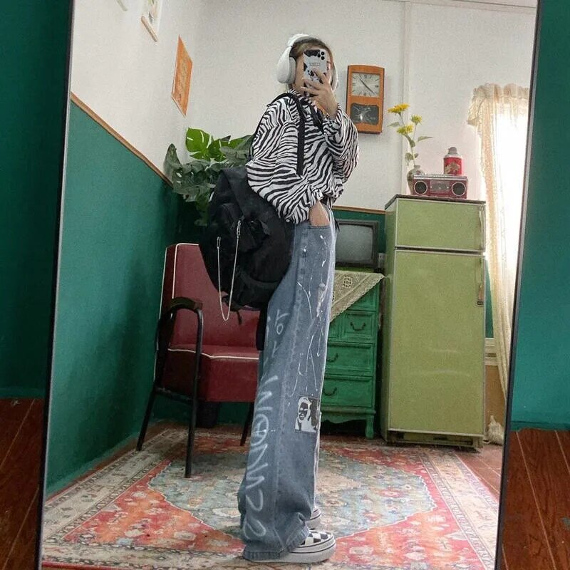 Harajuku celana Jeans longgar motif huruf, celana Denim longgar kasual pinggang tinggi 2024 mode musim panas Vintage celana Gotik lucu