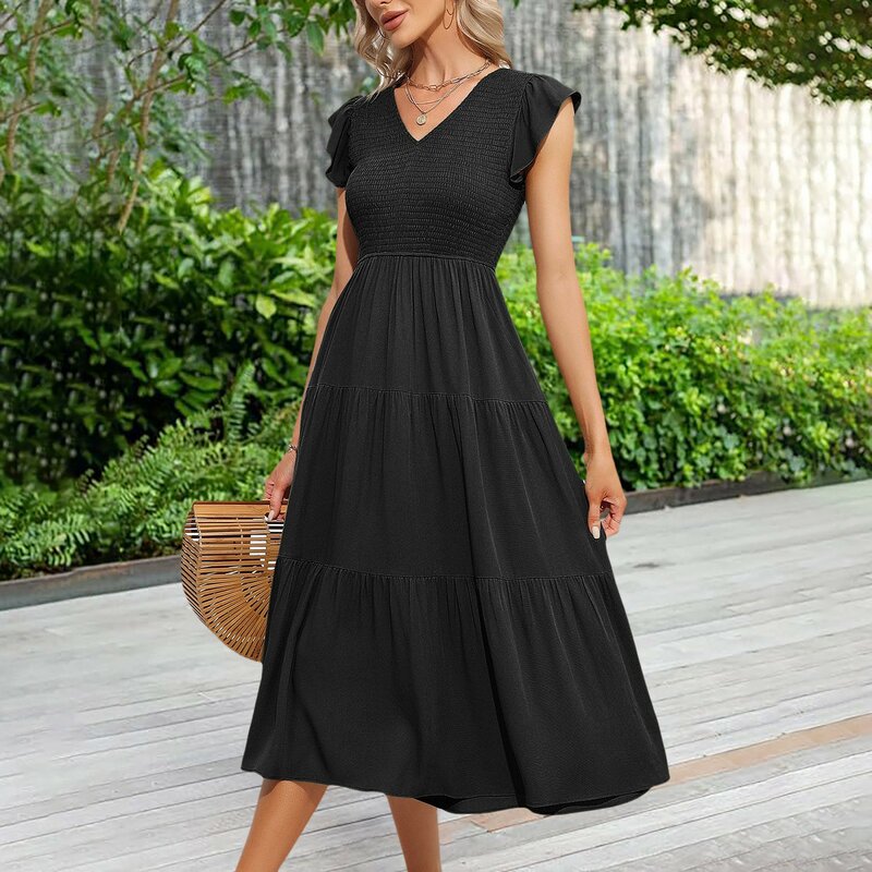 Damen Sommer lässig flattern Kurzarm Rundhals ausschnitt gekleidet elastische Taille abgestufte Midi-Kleid Damen kleider