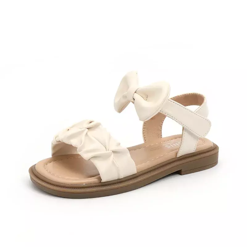 Summer Kids Flat Sandals Solid Color Causal Princess Shoes Girl Elegant Pleated Bowtie Children Fashion Open-toe Beach Sandals