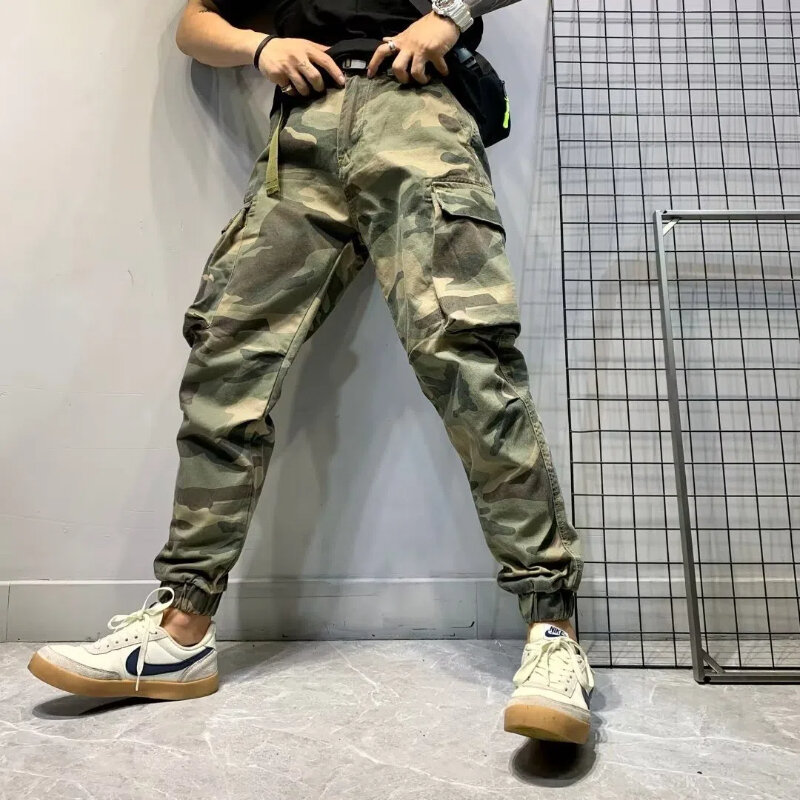2024 Safari Style Spring and Autumn New Men's Patchwork Pockets Camouflage Elastic High Waist Loose Straight Casual Cargo Pants