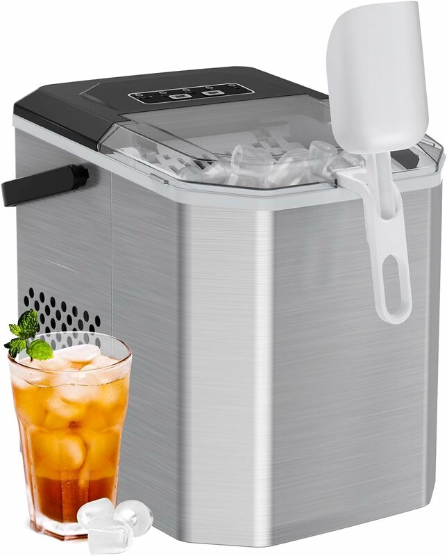 Silonn Ice Maker Countertop, Stainless Steel Portable Ice Machine with Carry Handle, Self-Cleaning Ice Makers with Basket