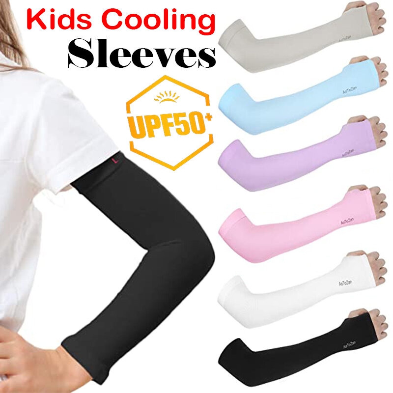 Sun Protection Arm Sleeves For Kids 4-12 Years Summer Sports Cooling Long Arm Cover Girls Boys Elastic Ice Cycling Beach Sleeve