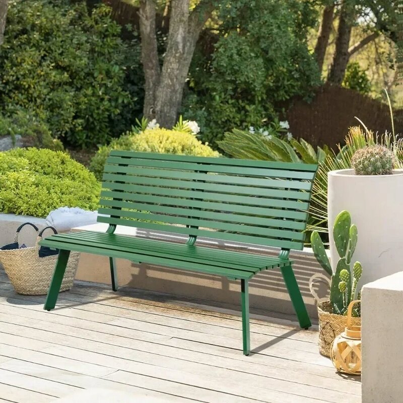 Outdoor Aluminum Garden Bench, Mobília da cadeira do pátio varanda, Design slatted com encosto, Bancos verdes do pátio
