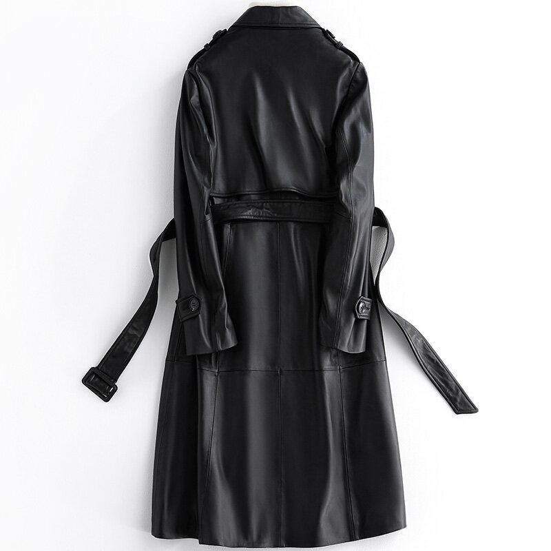 Gabardina de piel sintética para mujer, abrigo largo de manga larga con cinturón, de estilo británico, a la moda, color negro, Otoño, 2024