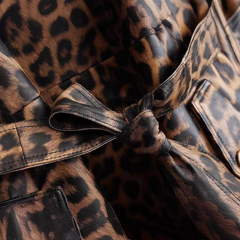 Mantel Trench panjang kulit asli wanita, jaket Trench motif macan tutul mode musim semi musim gugur