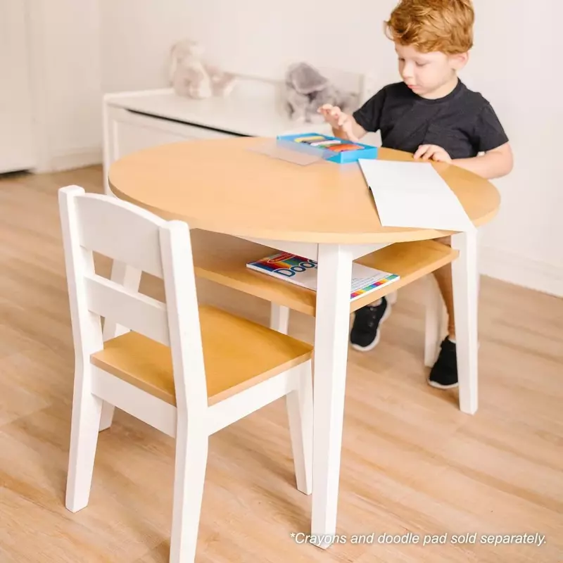 Conjunto de móveis de mesa de madeira infantil, grão de madeira clara e branco, acabamento de 2 cores, atividade de 2 tons
