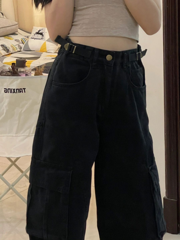Celana Kargo Jeans Wanita HOUZHOU Celana Panjang Denim Wanita Mode BF Pinggang Tinggi Longgar Y2k Pakaian Jalanan Antik Hitam Retro Amerika