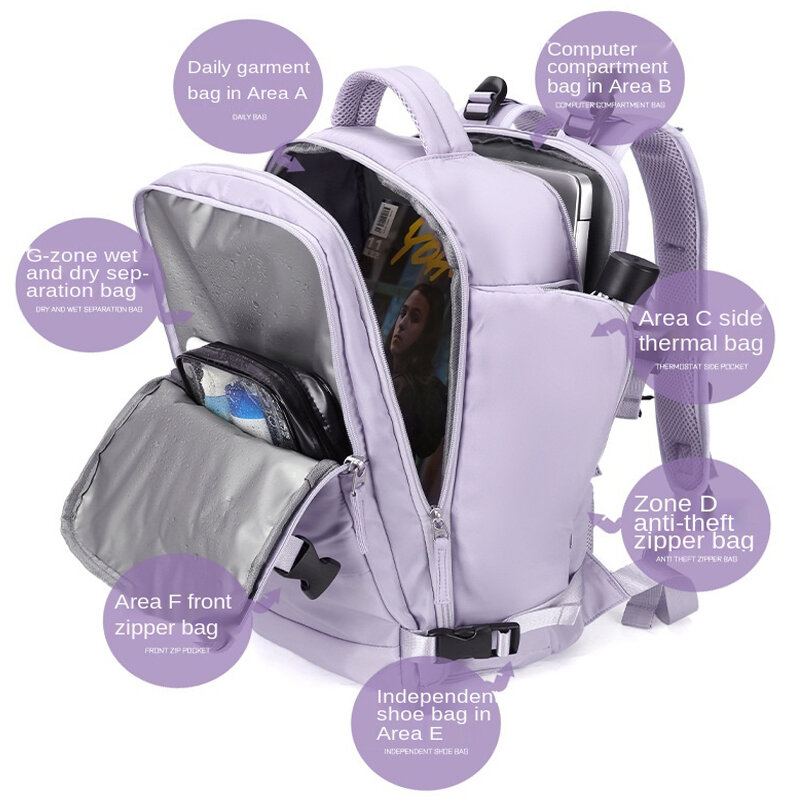 여성용 다기능 배낭 여행 가방, 방수 숄더백, USB 충전 노트북 백팩, 신발 포켓 포함, 35L