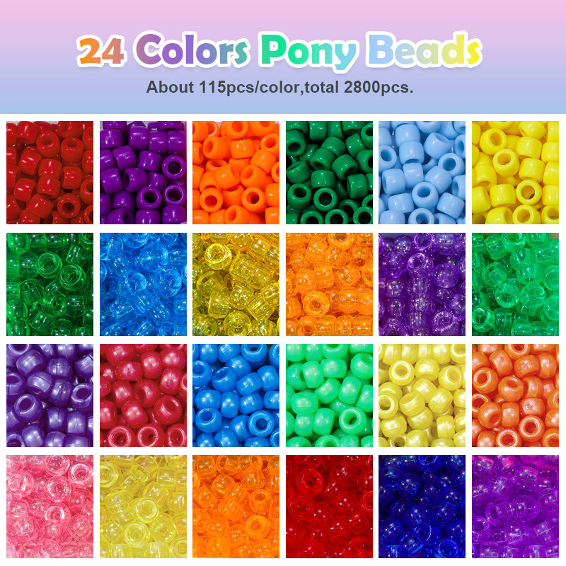 2800pcs Pony Beads Kit 24 colori Rainbow Kandi Beads Set foro grande perline per capelli per bracciali collana portachiavi creazione di gioielli