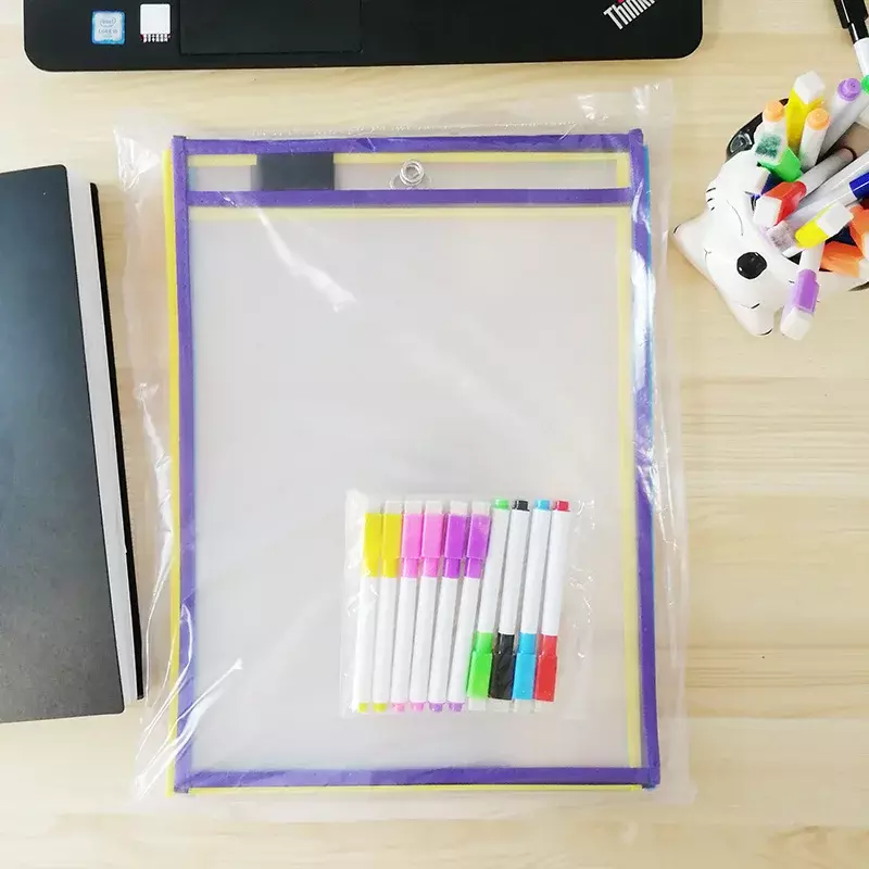 Saco de escova seca transparente Saco de limpeza seca de escrita PET Desenho para estudante Material de escritório aleatório 3 sacos e 3 canetas, pode ser reutilizado com PVC