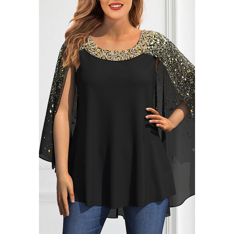 Plus Size Dressy Black Chiffon Sparkly Sequin Bronzing Print Cape Sleeve Blouse