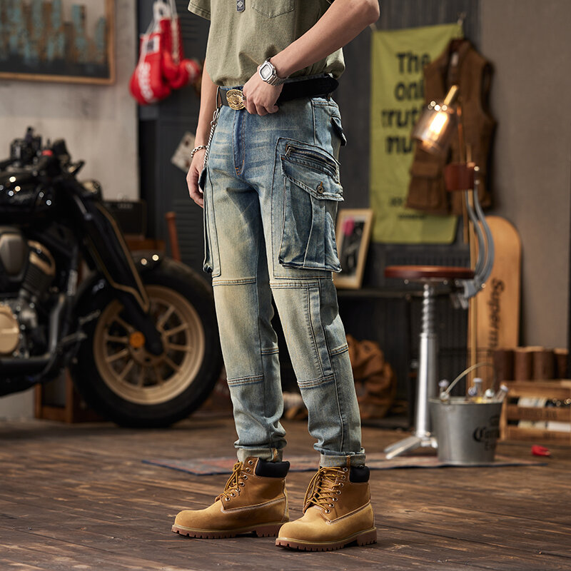 Jeans de motocicleta de bolso múltiplo masculino, calças magras angustiadas, design de moda justa justa, moda elástica, moda vintage, moda