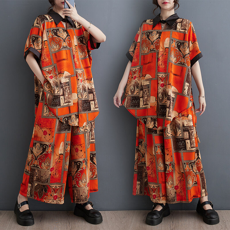Blusa holgada de talla grande para mujer, conjunto informal de dos piezas, pantalones de pierna ancha y cintura alta, moda de verano
