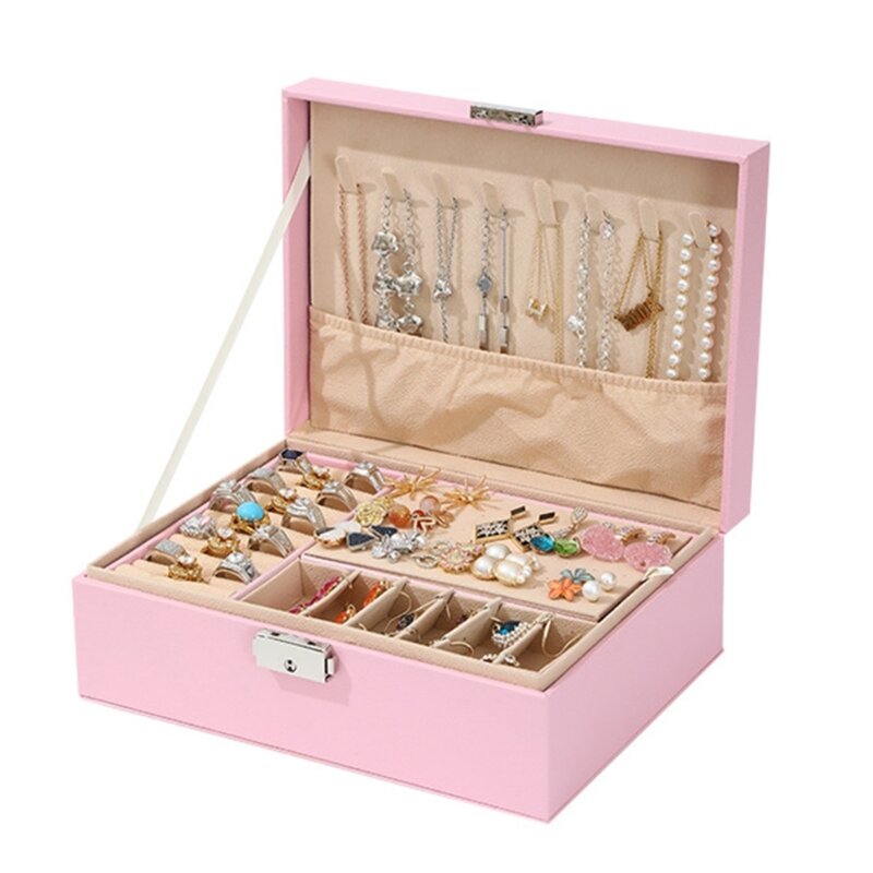 Kotak Perhiasan Kulit PU Lapisan Ganda Pengatur Perhiasan Dapat Dikunci Pengatur Perhiasan Wanita Sempurna untuk Penyimpanan dan