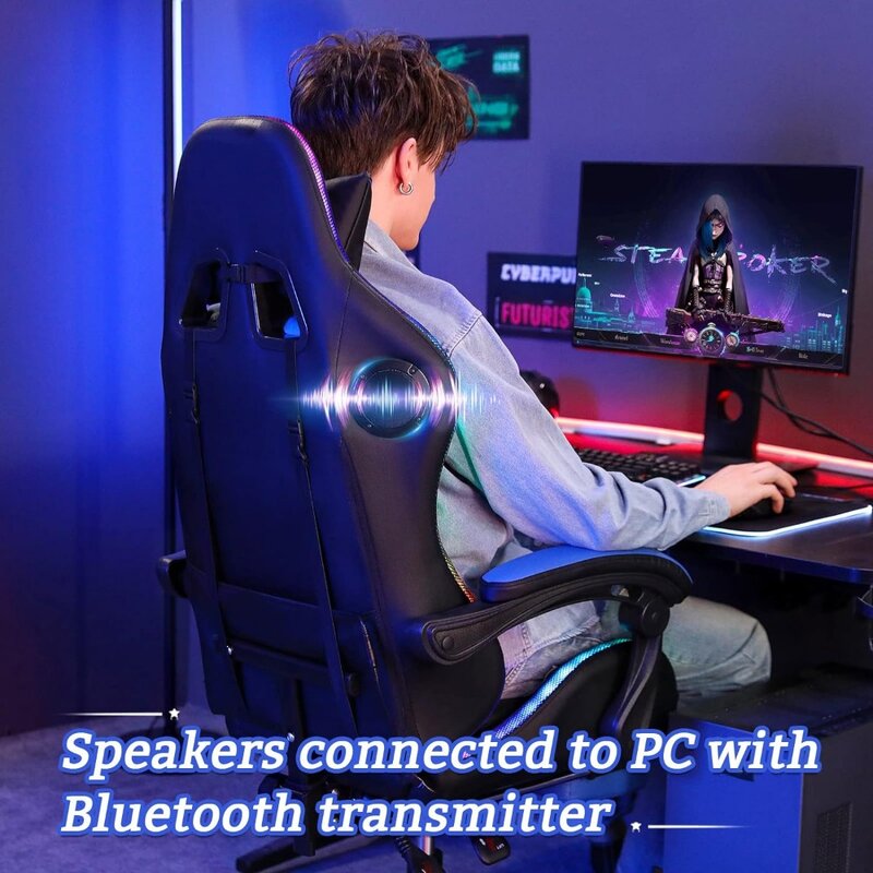Lampu kursi Game pijat ergonomis, lampu kursi Game Video dengan sandaran kaki punggung tinggi dengan penopang pinggang warna biru dan hitam dan kantor Gamer