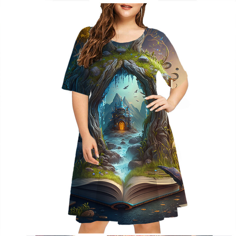 Fantasy World 3D Architektur Print Kleider für Frauen Mode elegante Damen Sommer Plus Size Kleider Kurzarm Kleidung