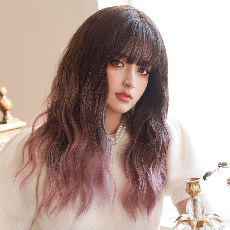 7JHH WIGS Lolita Wig Synthetic Body Wavy Ombre Purple Wigs with Dark Roots High Density Curly Hair Wigs with Bangs Costume Wig