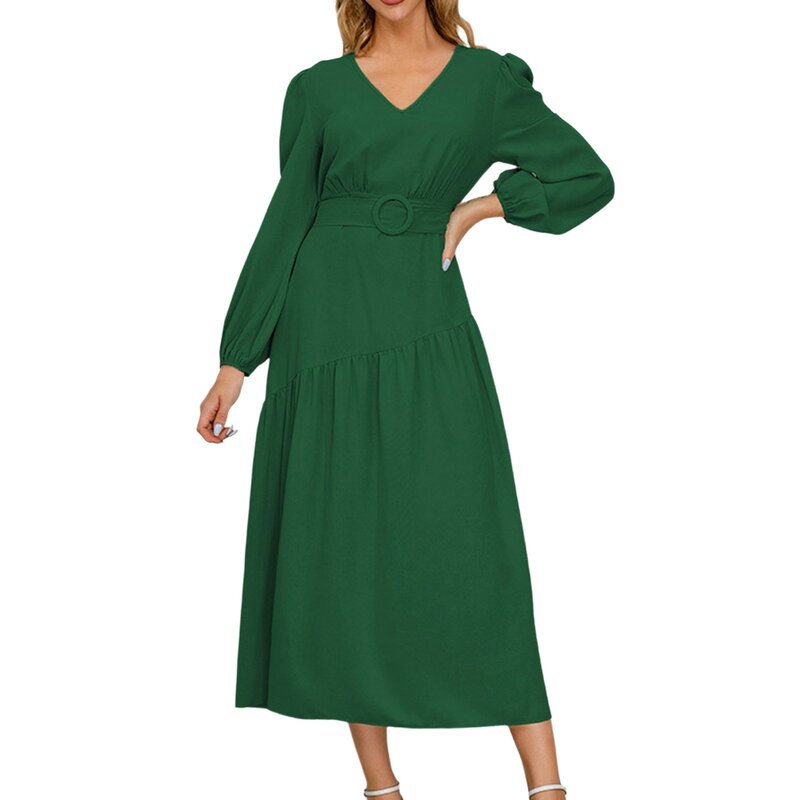 Womens V Neck Solid Color Lace Up Dress Solid Color Slim Dress Summer Dresses with Long Sleeves Smock Dresses