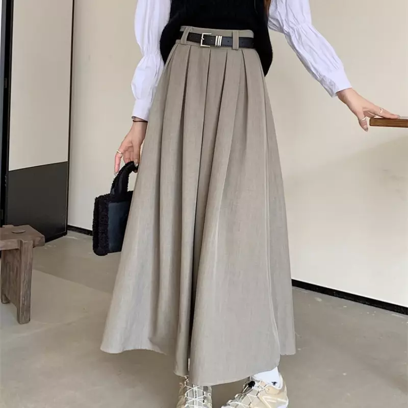 New Korean Skirt Women Solid Color Versatile Mid-length Pleated Skirt Large Swing Type Skirt Female Long Skirts for Women L525