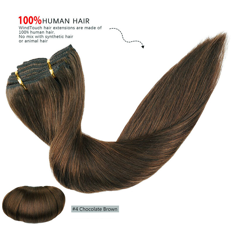 ブラジルの自然なヘアエクステンション、クリップオンウィーフト、本物の人間の髪の毛、レミークリップ、チョコレートブラウン、14〜24インチ、120g、7個