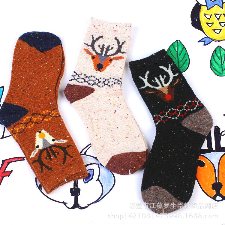 Calcetines cálidos de lana de conejo de hilo para mujer, medias de tubo medio con puntos de colores de animales de dibujos animados de gato y zorro, Invierno