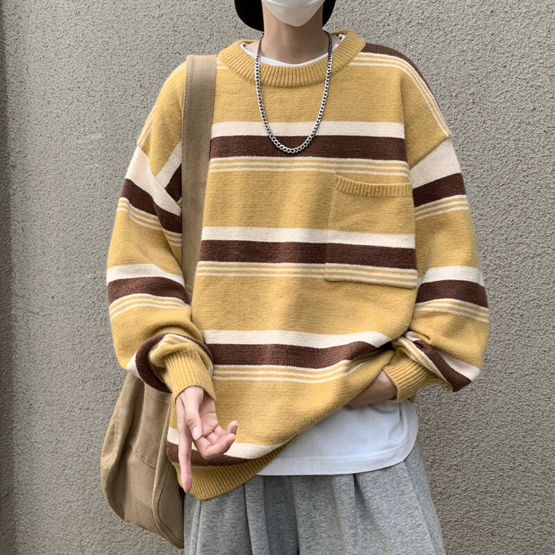 Camisa de manga longa vintage masculina tricotada, tops simples estilo formal básico, gola redonda, listrada, extragrande, cor de sucesso, outono, moda inverno