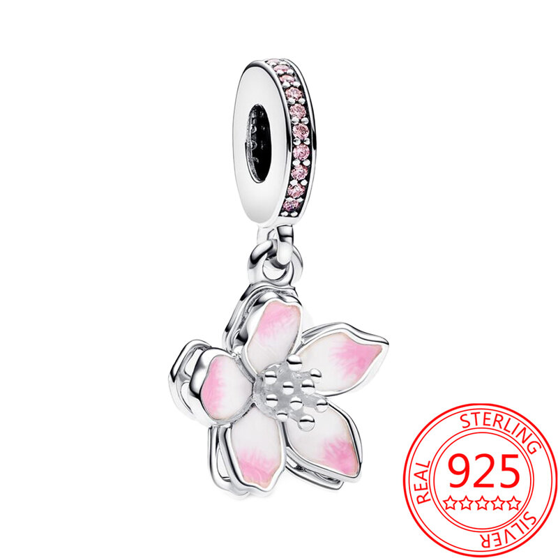 Fashionable 925 Sterling Silver Cherry Blossom Dangle Charm Fit Pandroa Bracelet Ladies DIY Jewelry