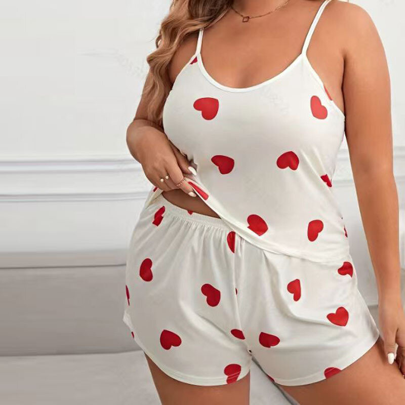 Summer New Plus-size Milk Silk Halter Shorts Pajama Set Women's Extra Loose Stretch Comfortable Print Pajama Casual Home Wear5XL