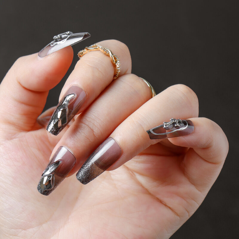 Модные градиентные Черные накладные ногти, современные алмазные накладные ногти, новый дизайн, французский дизайн ногтей, многоразовые, красота для женщин