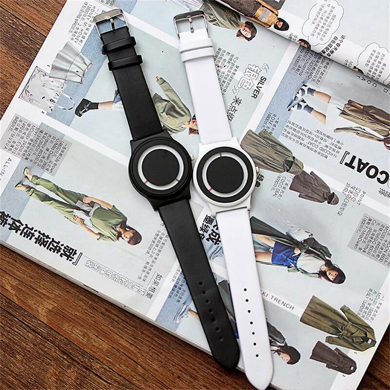 Montres à Quartz minimaliste pour Couples, montre-bracelet Simple, sans pointeur, noire et blanche, pour étudiants