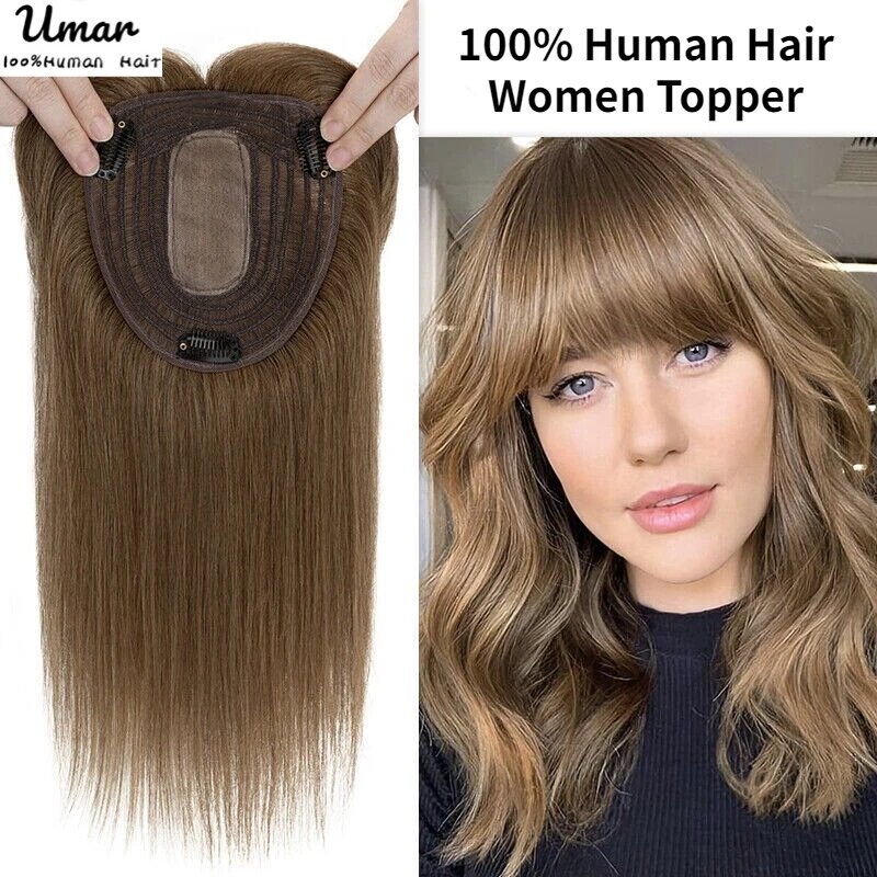 Topper de cabello humano Natural para mujer, pelucas de cabello 100% humano con flequillo, pelo liso, Base de seda rubia, Clips en postizos