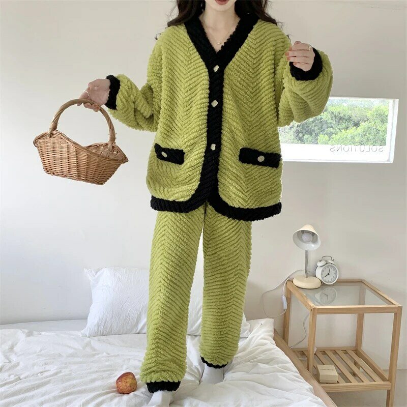 Winter plush women's cardigan V-neck pajamas jacquard flannel warm and sweet home clothing thickened warm coral velvet set