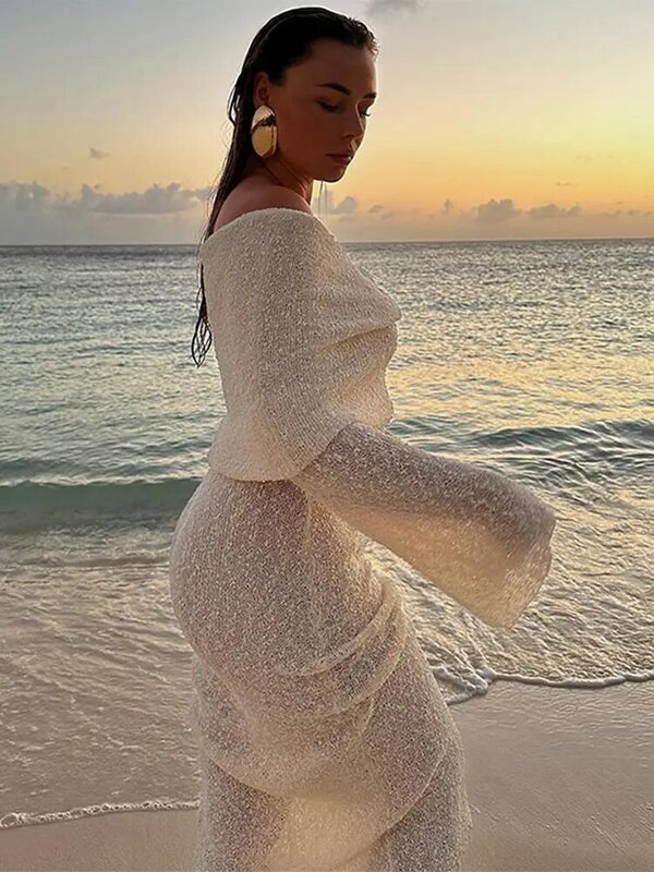 Damska letnia głęboki dekolt sukienka Maxi z filtrem przeciwsłonecznym 2024 elegancka sukienka z długim rękawem Bodycon dzianinowa strój plażowy wakacyjny damska elegancka