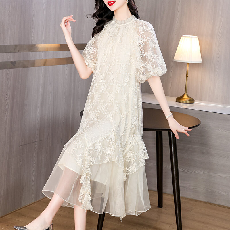2024 Luxury Floral Beading Embroidery Midi Dress Women Korean Elegant Loose Maxi Dress Summer Vintage Chic Party Evening Vestido